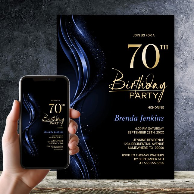 Invitación Elegante fiesta de cumpleaños 70 en negro y azul (Subido por el creador)