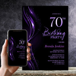 Invitación Elegante fiesta de cumpleaños 70 en negro y morado
