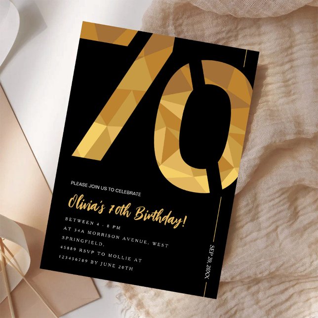 Invitación Elegante fiesta de cumpleaños 70 en negro y oro (Subido por el creador)