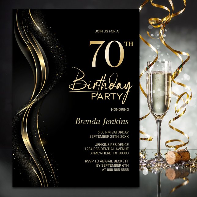 Invitación Elegante fiesta de cumpleaños 70 en negro y oro (Subido por el creador)