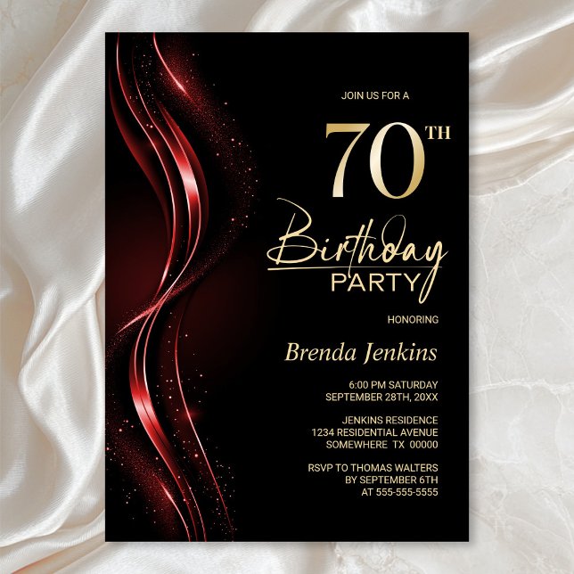 Invitación Elegante fiesta de cumpleaños 70 en negro y rojo (Subido por el creador)