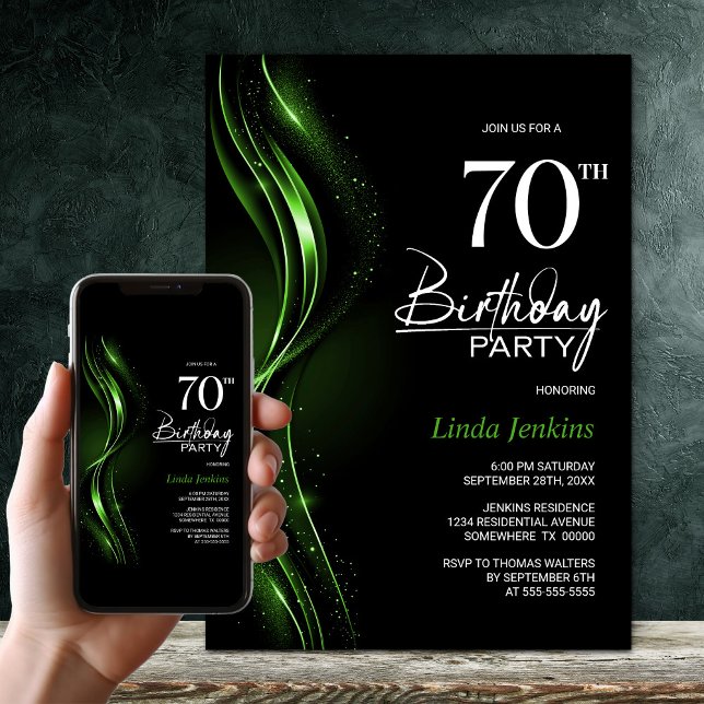 Invitación Elegante fiesta de cumpleaños 70 en negro y verde (Subido por el creador)