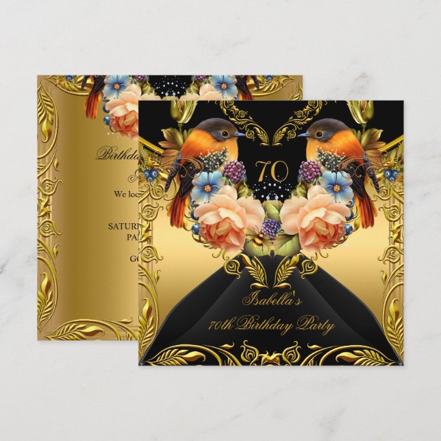 Invitación Elegante Fiesta de Cumpleaños 70 en Oro Amarillo P (Anverso / Reverso)