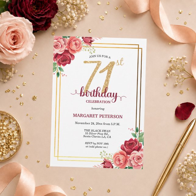 Invitación Elegante Fiesta de Cumpleaños 71 con Rubor Dorado  (Subido por el creador)