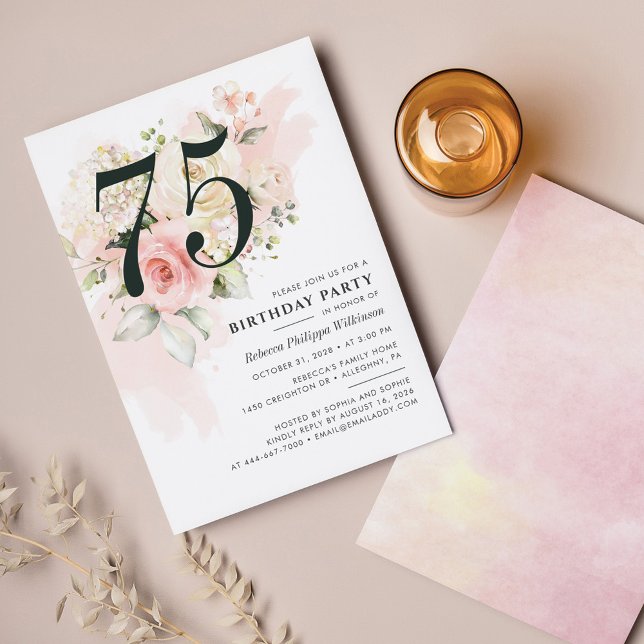 Invitación Elegante fiesta de cumpleaños 75ª acuarela floral (Subido por el creador)