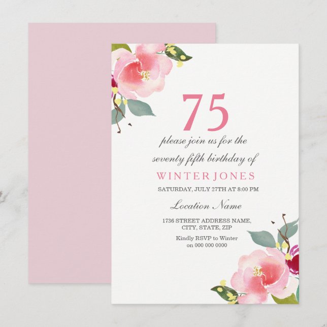 Invitación Elegante fiesta de cumpleaños 75ª floral rosa (Anverso / Reverso)