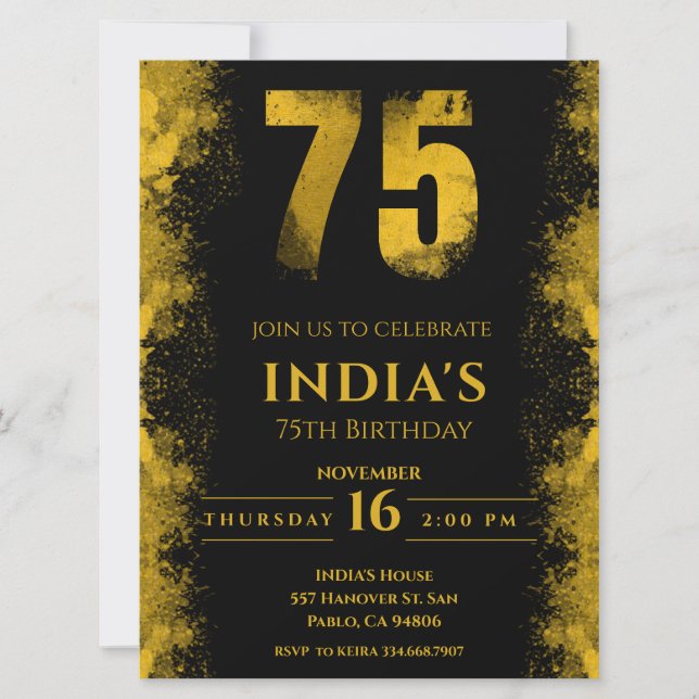 Invitación Elegante fiesta de cumpleaños 75º en negro y oro (Anverso)