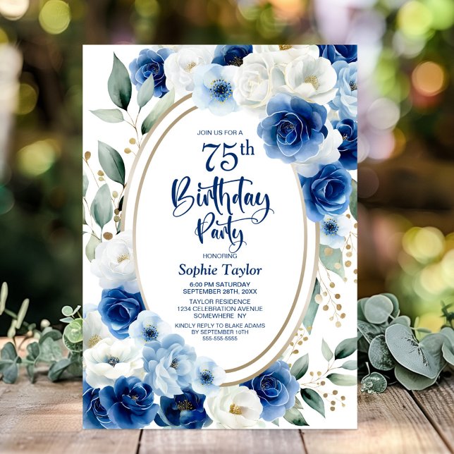 Invitación Elegante fiesta de cumpleaños 75º Floral Azul (Subido por el creador)