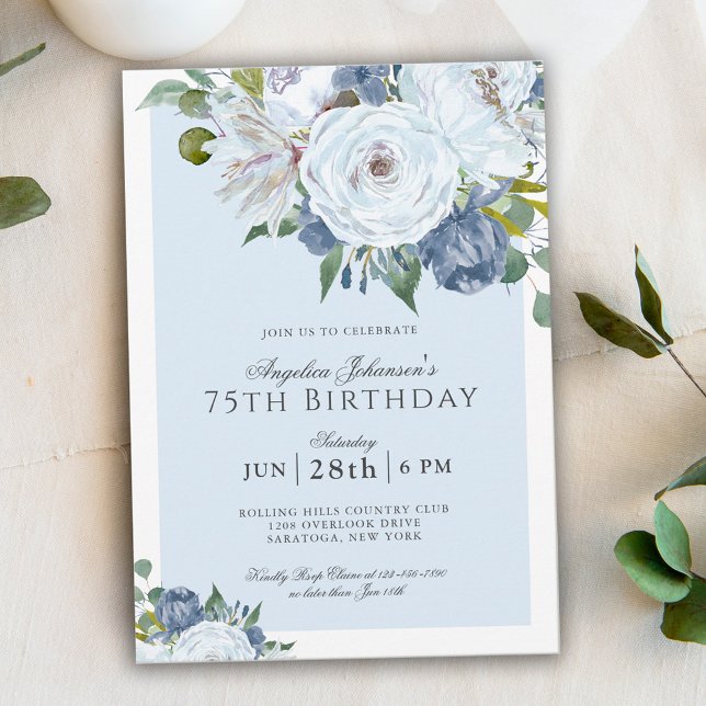 Invitación Elegante fiesta de cumpleaños 75º floral azul y bl (Subido por el creador)
