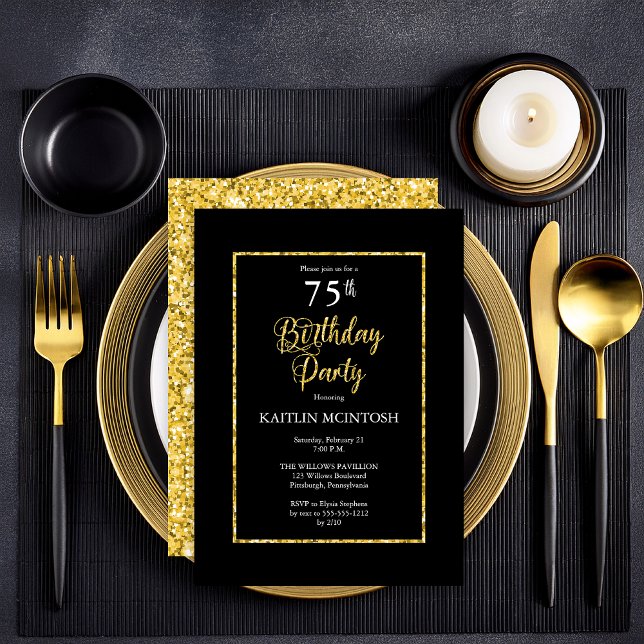 Invitación Elegante fiesta de cumpleaños 75 del Oro Negro (Elegant Black and Faux Gold Butterflies 75th Birthday Party  Party Invitation - Print | Digital )