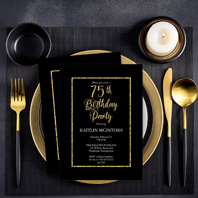 Invitación Elegante fiesta de cumpleaños 75 del Oro Negro (Elegant Black and Faux Gold Butterflies 75th Birthday Party  Party Invitation - Print | Digital)