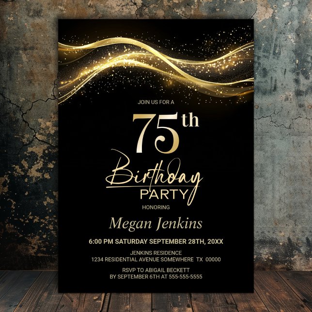 Invitación Elegante fiesta de cumpleaños 75 del oro negro (Subido por el creador)