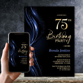 Invitación Elegante fiesta de cumpleaños 75 en negro y azul
