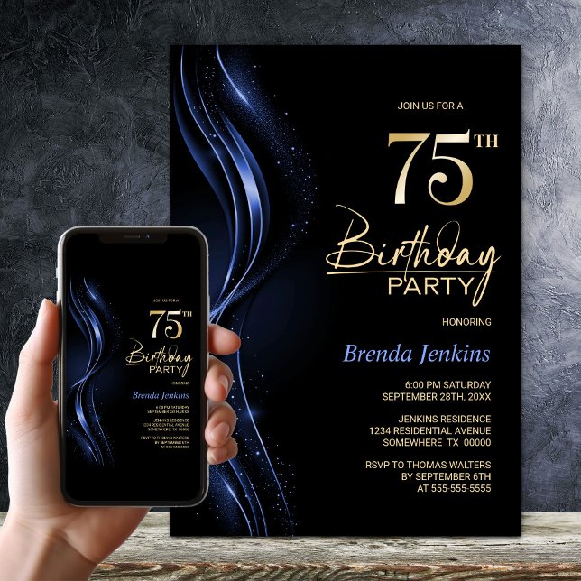 Invitación Elegante fiesta de cumpleaños 75 en negro y azul (Subido por el creador)