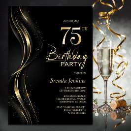 Invitación Elegante fiesta de cumpleaños 75 en negro y oro