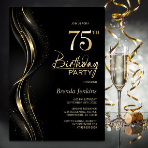 Invitación Elegante fiesta de cumpleaños 75 en negro y oro