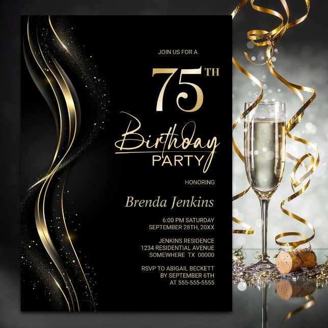 Invitación Elegante fiesta de cumpleaños 75 en negro y oro (Subido por el creador)