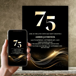 Invitación Elegante fiesta de cumpleaños 75 en negro y oro