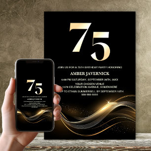 Invitación Elegante fiesta de cumpleaños 75 en negro y oro
