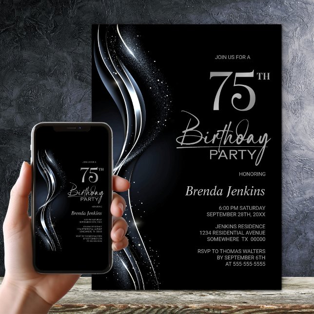 Invitación Elegante fiesta de cumpleaños 75 en negro y platea (Subido por el creador)