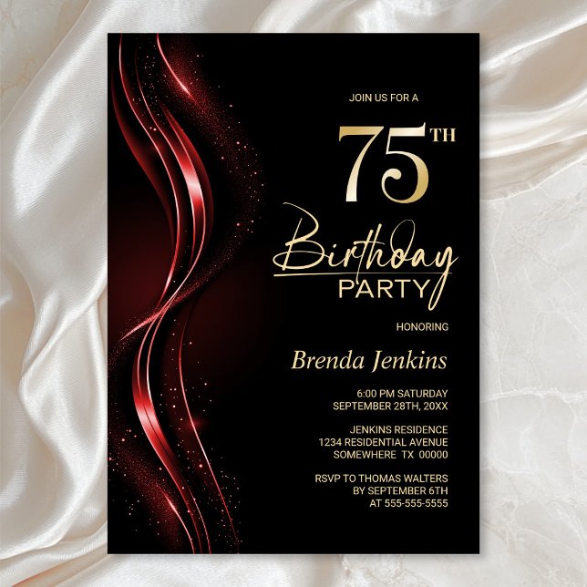 Invitación Elegante fiesta de cumpleaños 75 en negro y rojo (Subido por el creador)