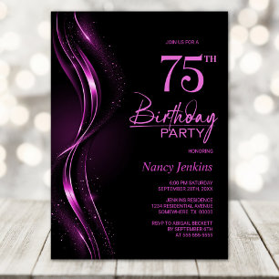 Invitación Elegante fiesta de cumpleaños 75 en negro y rosa