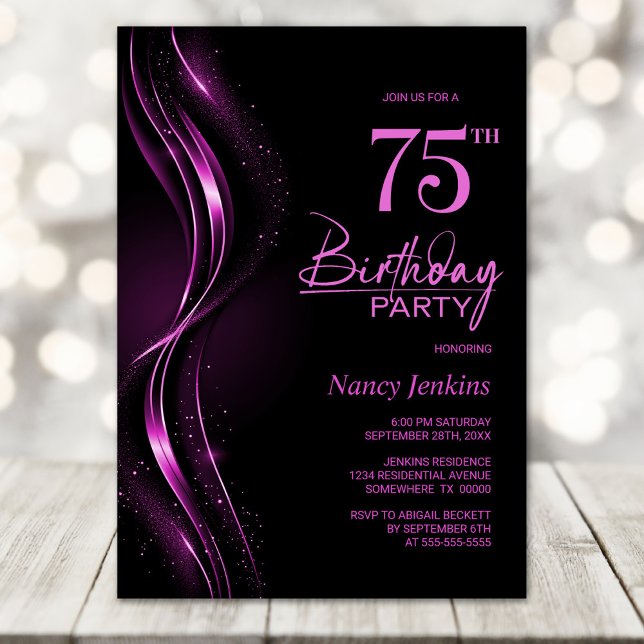 Invitación Elegante fiesta de cumpleaños 75 en negro y rosa (Subido por el creador)