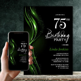 Invitación Elegante fiesta de cumpleaños 75 en negro y verde