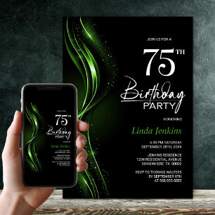 Invitación Elegante fiesta de cumpleaños 75 en negro y verde