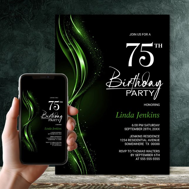 Invitación Elegante fiesta de cumpleaños 75 en negro y verde (Subido por el creador)
