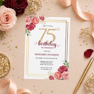 Invitación Elegante Fiesta de Cumpleaños 75 Floral Dorado