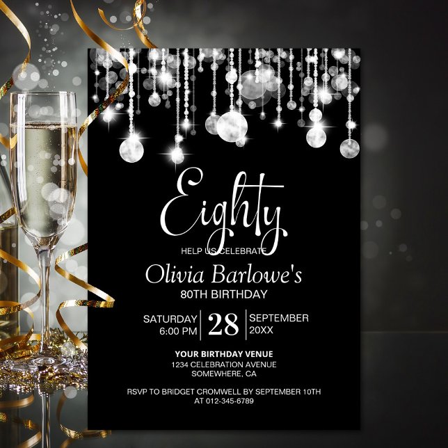 Invitación Elegante fiesta de cumpleaños 80 de blanco negro (Subido por el creador)