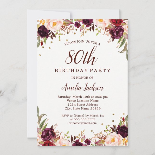 Invitación Elegante fiesta de cumpleaños 80 de Gold Burgundy  (Anverso)