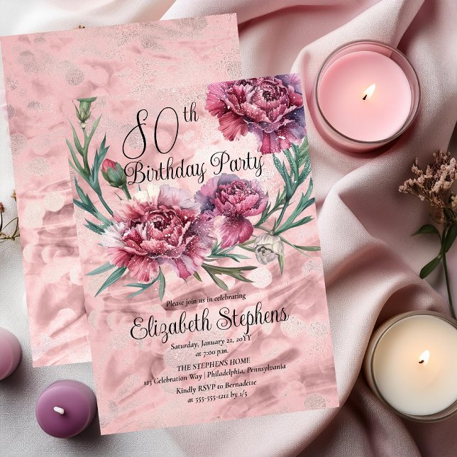 Invitación Elegante fiesta de cumpleaños 80 de los claveles r (Elegant Pink and Mauve Carnations 80th Birthday Party Invitation)