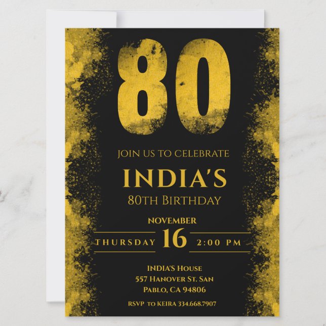 Invitación Elegante fiesta de cumpleaños 80 de negro y oro (Anverso)