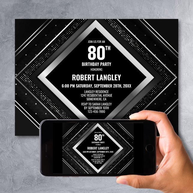 Invitación Elegante fiesta de cumpleaños 80 de plata negra (Subido por el creador)