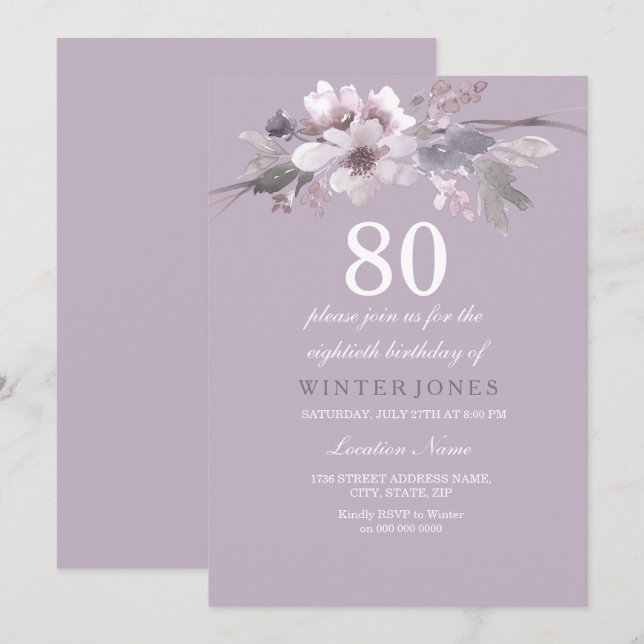 Invitación Elegante fiesta de cumpleaños 80 de Purple Floral (Anverso / Reverso)