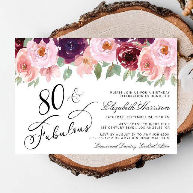Invitación Elegante fiesta de cumpleaños 80 del Borgoña Rosa  (Subido por el creador)