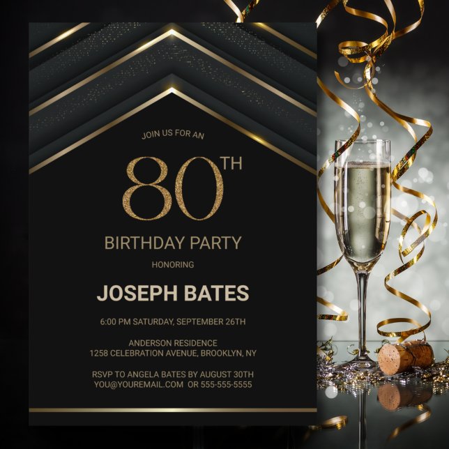 Invitación Elegante fiesta de cumpleaños 80 del oro negro (Subido por el creador)