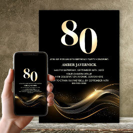Invitación Elegante fiesta de cumpleaños 80 en negro y oro