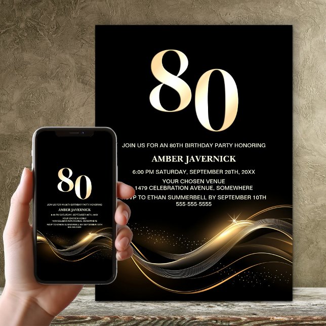 Invitación Elegante fiesta de cumpleaños 80 en negro y oro (Subido por el creador)