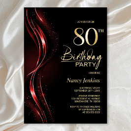 Invitación Elegante fiesta de cumpleaños 80 en negro y rojo