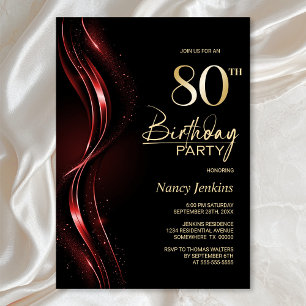 Invitación Elegante fiesta de cumpleaños 80 en negro y rojo