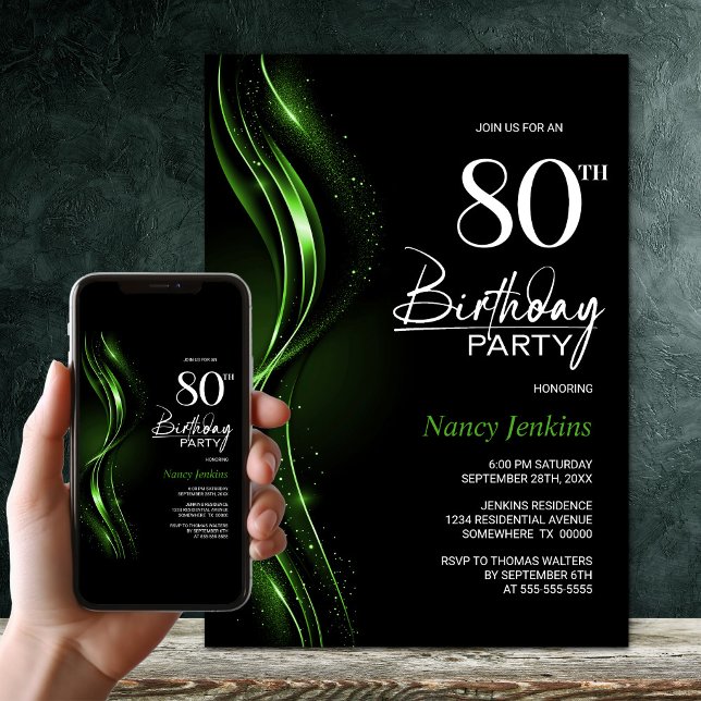 Invitación Elegante fiesta de cumpleaños 80 en negro y verde (Subido por el creador)