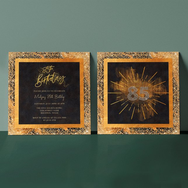 Invitación Elegante fiesta de cumpleaños 85 de Purpurina Negr (Front / Back)