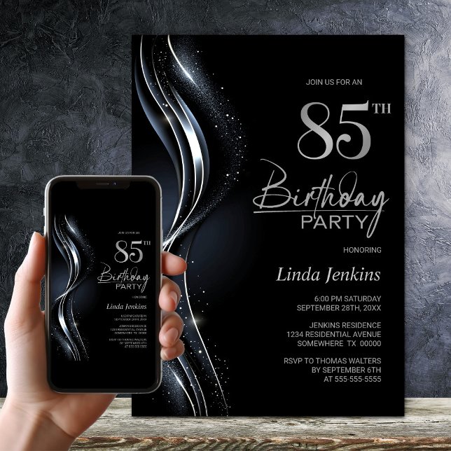 Invitación Elegante fiesta de cumpleaños 85 en negro y platea (Subido por el creador)