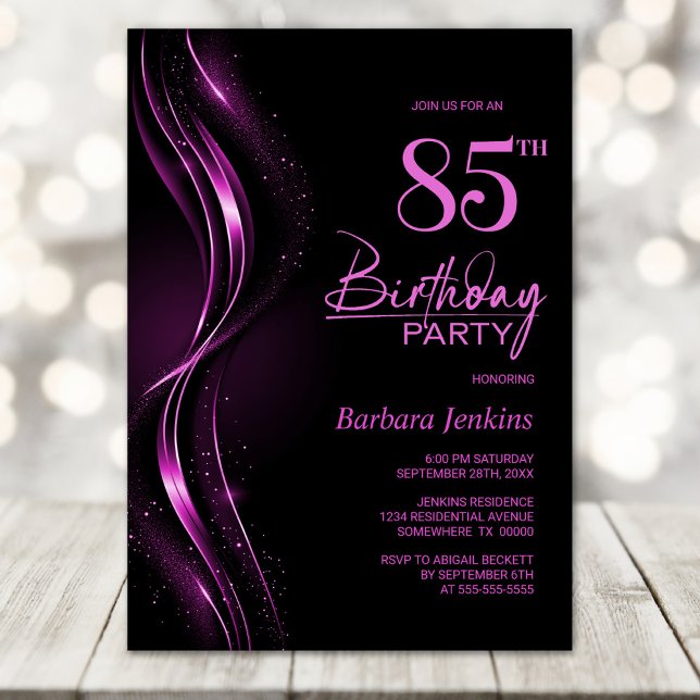Invitación Elegante fiesta de cumpleaños 85 en negro y rosa (Subido por el creador)