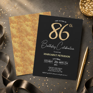 Invitación Elegante fiesta de cumpleaños 86 con brillo de oro