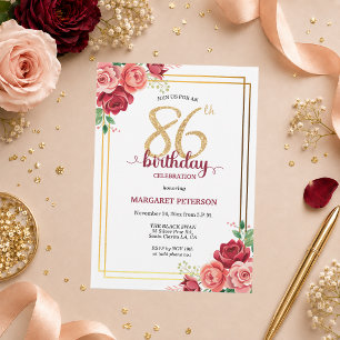 Invitación Elegante Fiesta de Cumpleaños 86 con Rubor Dorado