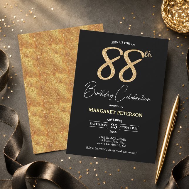 Invitación Elegante fiesta de cumpleaños 88 con brillo de oro (Subido por el creador)